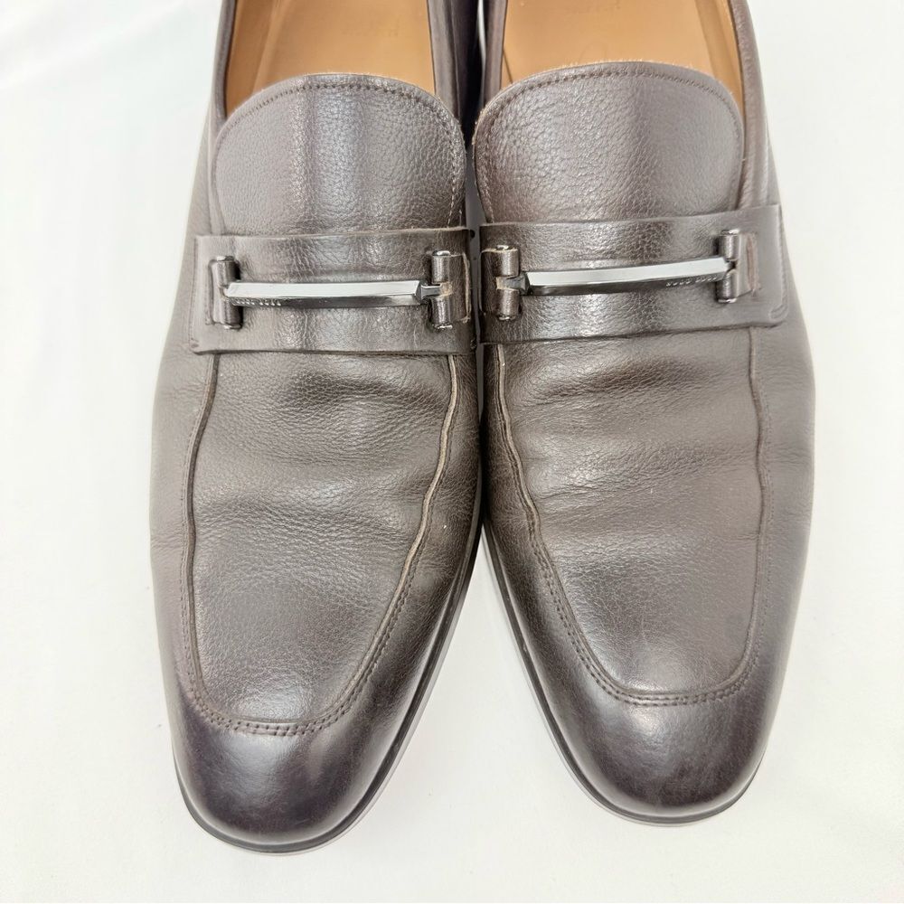 Hugo Boss Brown Leather Silver Tone Horse Bit Slip On Dress Loafer Shoes - Picture 3 of 15